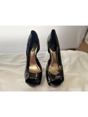 Charlotte Russe Size 8 Black Patent Faux Leather Peep Toe Platform Pumps